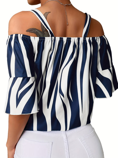 Chic Plus Size Womens Blouse - Fashionable Stripe Print with Flirty Ruffle Trim & Cold Shoulder Knot Front - Comfy Casual Top for Everyday Style