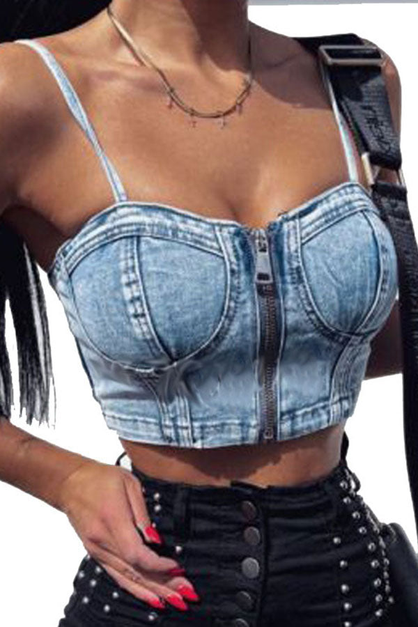 storexq Solid Color On-trend Zipper Denim Camisole