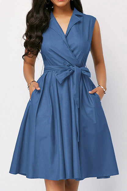 storexq Solid Color Notched Lapel Urban Belted Midi Dress