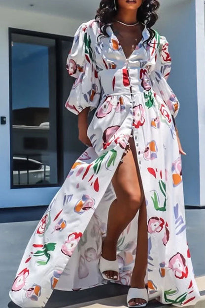 storexq Graffiti Print Cute Puff Sleeve High Split Maxi Dress