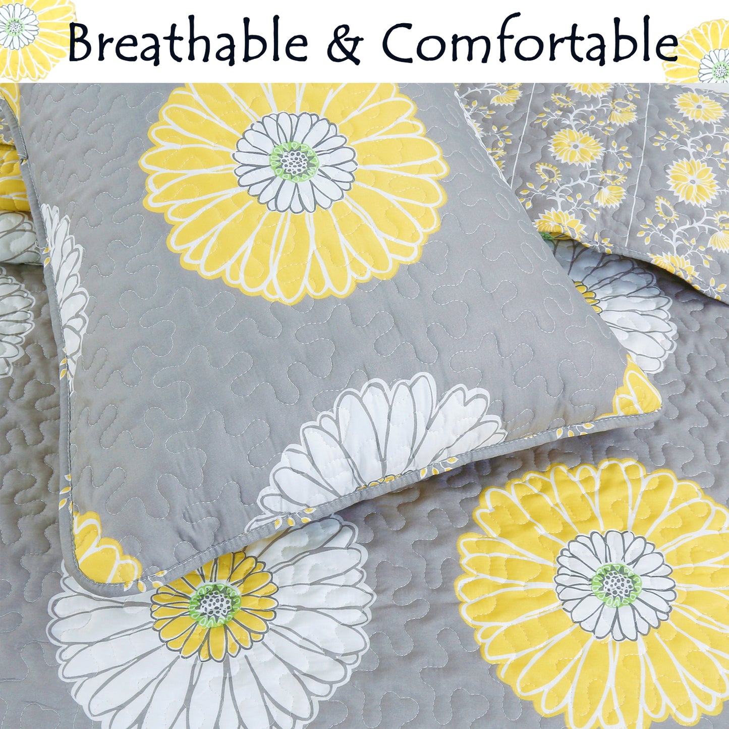 Anya Floral Yellow Grey Reversible Quilt Bedding Set, Lightweight Bedspread Coverlet for All Seasons