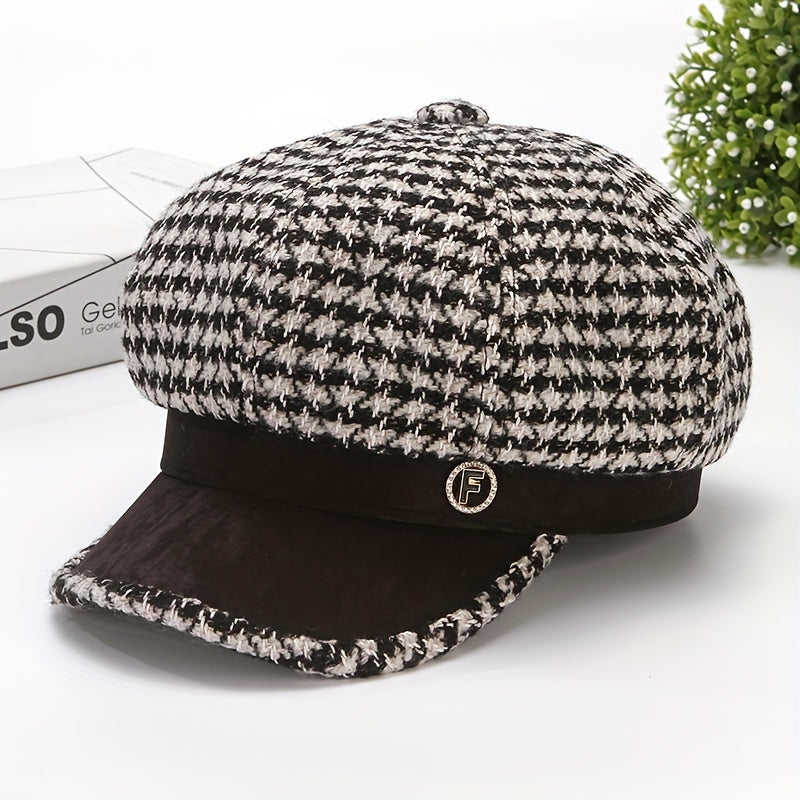 Chic Houndstooth Beret For Women - Warm & Breathable, Non-Stretch Polyester, Knit Craftsmanship, Adjustable Drawstring Closure, Perfect For Fall/Winter Fashion