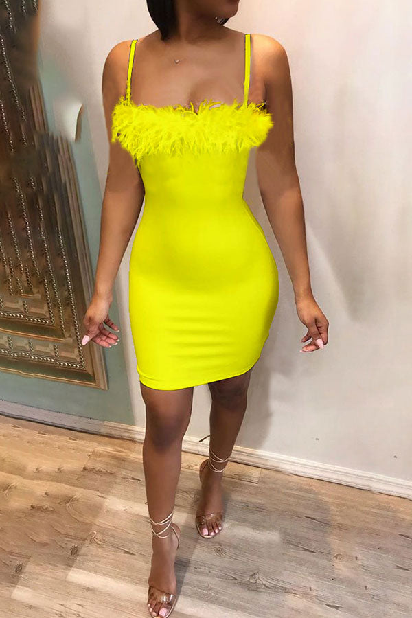 namcoverse Solid Color Feather Elegant Bodycon Mini Dress