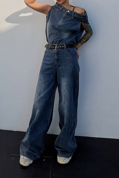 storexq Blue Unusual Belted Wide Leg Denim Pant Suit