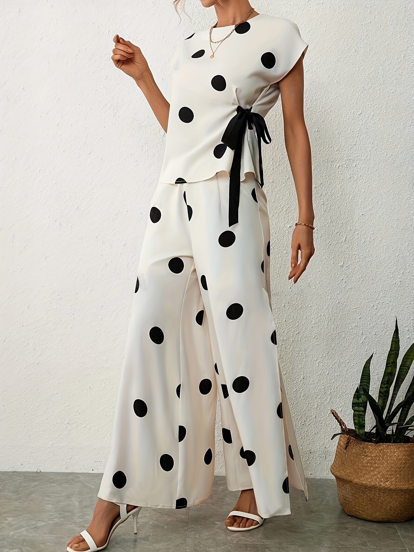 Fashionable Polka Dot Pantsuit Outfit - Soft Crew Neck Top with Back Keyhole & Knot Detail, High Waist Split Pants - A Stylish, Comfortable Wardrobe Staple for Trendy Women