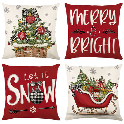 4 Pcs/set Christams Throw Pillow Cover With Four Design: Plaid Trees, Bows, And Messages Like Merry & Bright, Let It Snow; Red Black & White Tones Creates Cozy Holiday Feel, Home Decor, 17.7*17.7inch