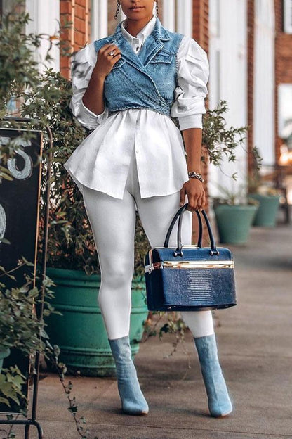 storexq Outstanding Puff Sleeve White Blouse & Adjustable Denim Gilet