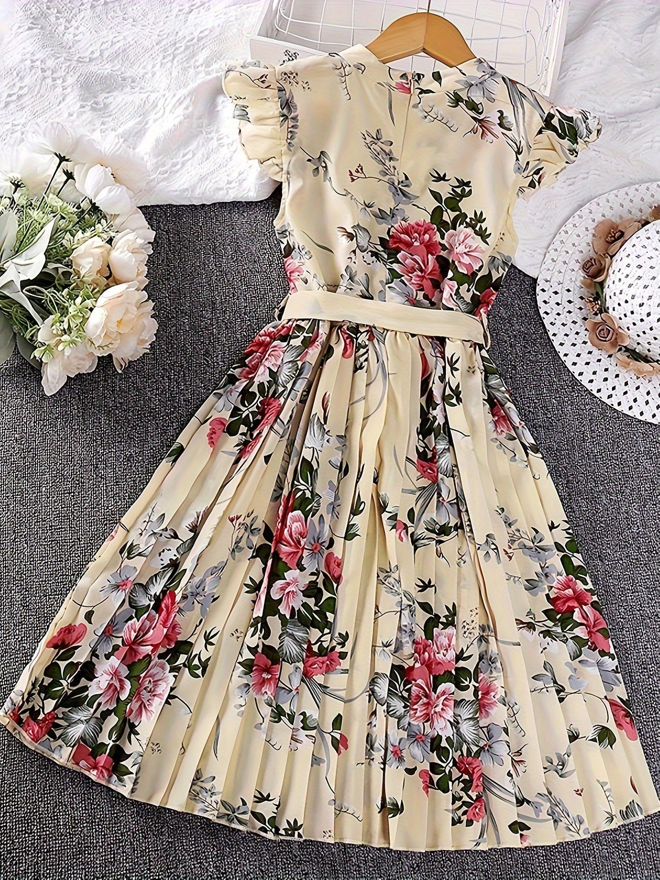 Knee High Floral Pleated Sleeveless Midi Dress for Girls - Casual Summer Outfit with Belt - Polyester Non-Stretch Fabric, Hand Washable, Perfect for Holiday and Outdoor Activities