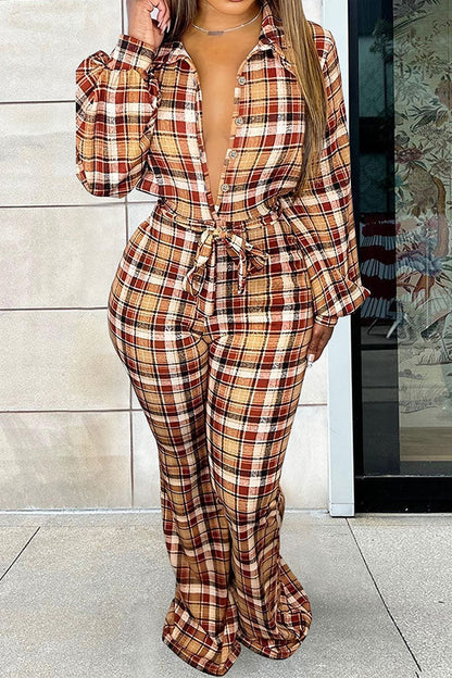 storexq Plaid Classic Belted Micro Flared Jumpsuit