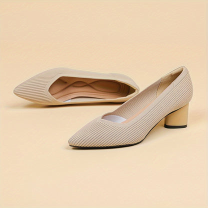 Chic Womens Knit Slip-On Pumps - Soft Chunky Heels, Pointed Toe, Breathable Comfort - Ideal for Work & Casual Style