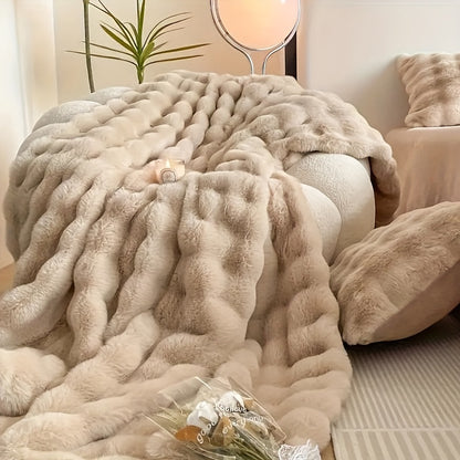 1pc Rabbit Fleece Blanket, Solid Color Faux Fur Plush Blanket, Soft Warm Throw Blanket Nap Blanket For Couch Sofa Office Bed Camping Travel, Multi-purpose Gift Blanket For All Season