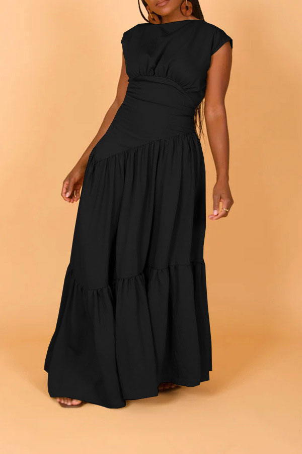 namcoverse Solid Color Modern Tiered Ruffle Maxi Dress