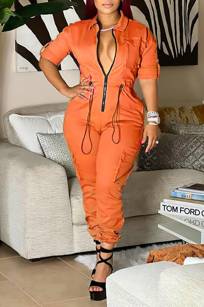 storexq Solid Color Casual Pocket Drawstring Jumpsuit