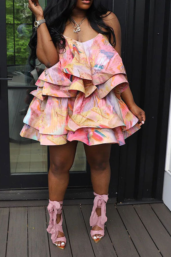 storexq Abstract Print Sweet Tiered Ruffle Mini Dress