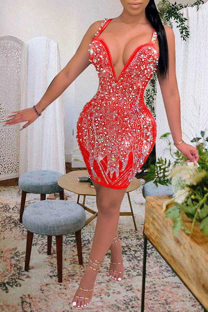 namcoverse Deep V Neck Patchwork Rhinestones Party Mini Dress