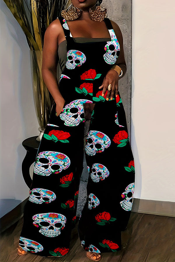 storexq Halloween Skull Print Hippy Suspenders Jumpsuit