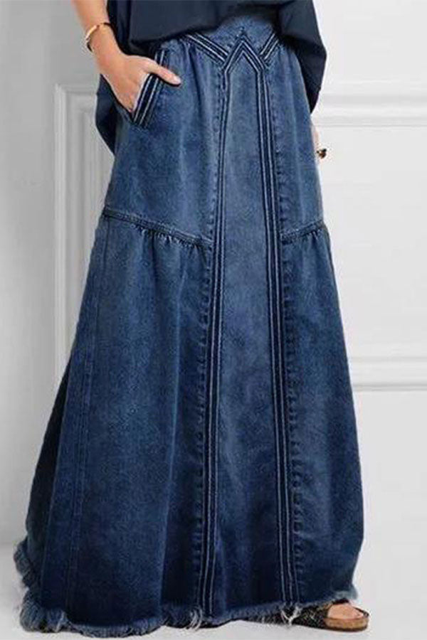 storexq Patchwork Simple Burrs Denim Skirt