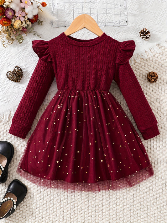 For Toddler Girls, Vintage Sequin Flutter Trim Long Sleeve Tutu Dress for Spring, Fall, Christmas Party Gift