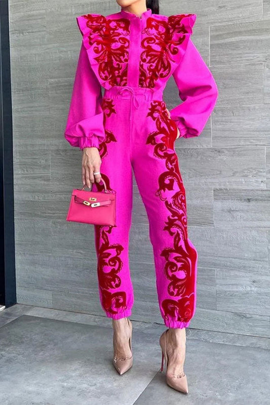 storexq Floral Print Sweet Ruffle Patchwork Pant Suit