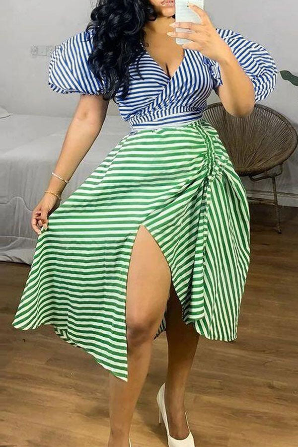 storexq Striped Girly Drawstring Irregular Dress Suit