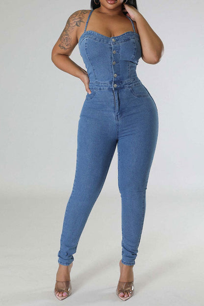 storexq Solid Color Smart Strappy Denim Jumpsuit