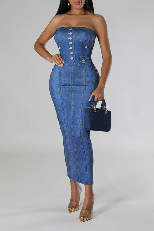 namcoverse Imitation Denim Print On-trend Strapless Midi Dress