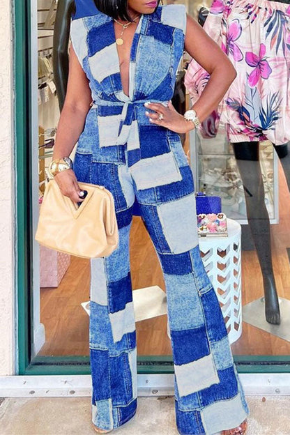 storexq Denim Print Modern Deep V Neck Belted Jumpsuit