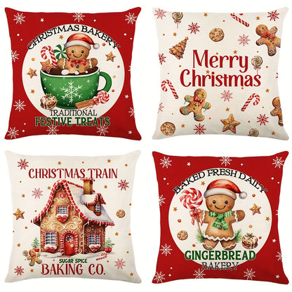 4 Pcs/set Christams Throw Pillow Cover With Four Design: Plaid Trees, Bows, And Messages Like Merry & Bright, Let It Snow; Red Black & White Tones Creates Cozy Holiday Feel, Home Decor, 17.7*17.7inch