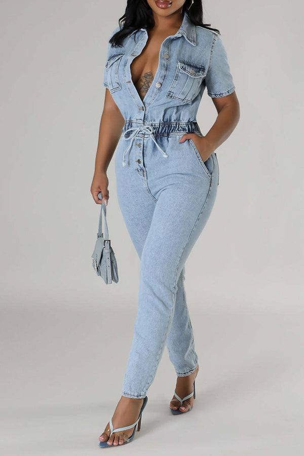 storexq Washed Denim Feminine Pocket Button Down Jumpsuit