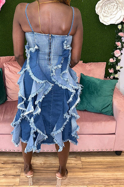 namcoverse Gradient Denim Unique Ruffles Patchwork Midi Dress