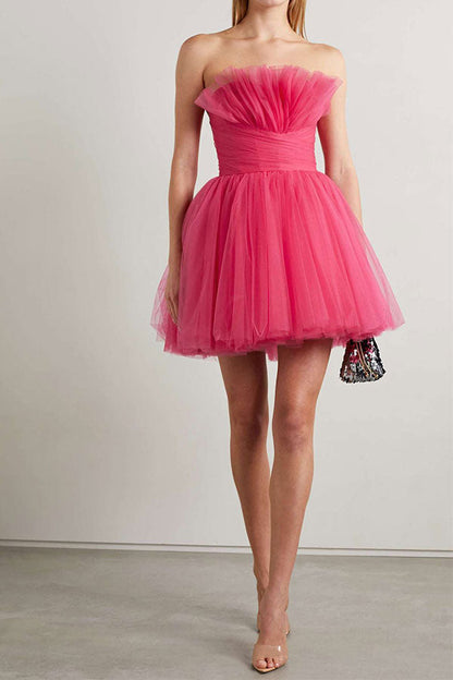 storexq Solid Color Bandeau Sweet Tulle Bubble Mini Dress