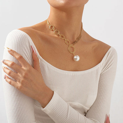 storexq Rhinestone O-ring Design Stunning Faux Pearl Pendant Necklace