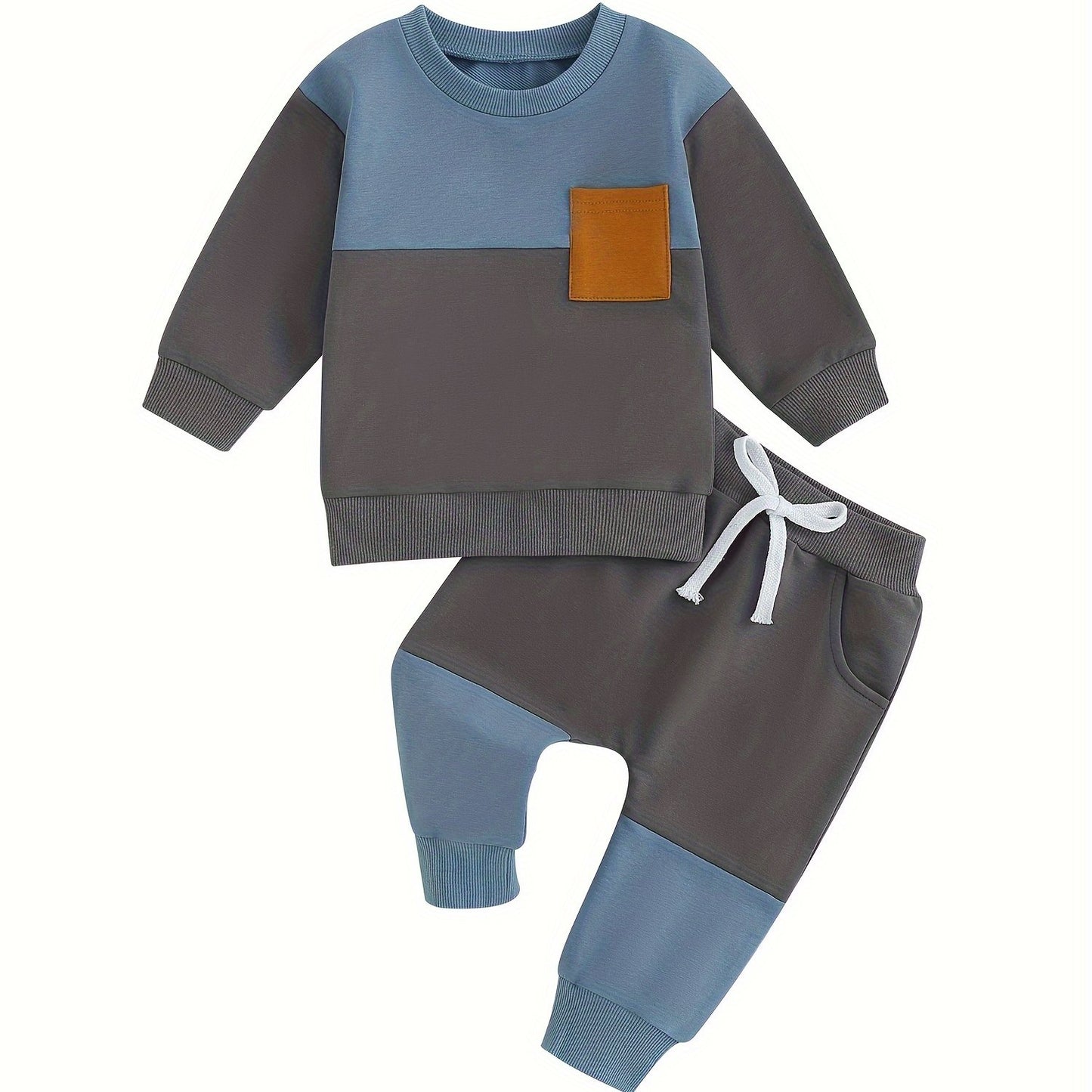 Infant Toddler Baby Boy Clothes Color Block Long Sleeve Sweatshirt Pullover Tops Jogger Pants Set Sweatsuit Fall Winter Outfits 2Pcs