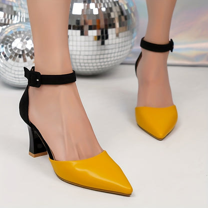 Mid Heel Stiletto Ankle Strap Colorblock Shoes - Elegant Pointed Toe Versatile Summer Shoes with Synthetic Leather Upper and Rubber Sole - All-Season Fashionable Chunky Heel Shoes for Women