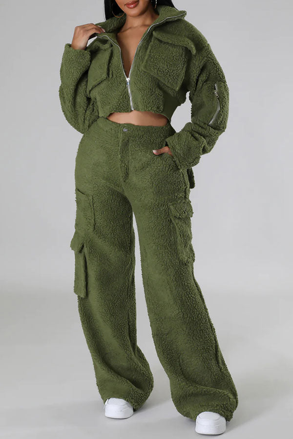 storexq Solid Color Polar Fleece Unusual Multi Pocket Pant Suit