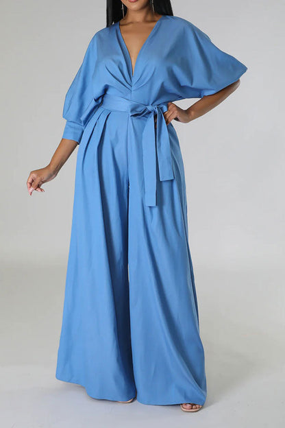 storexq Solid Color Pretty Belted Wide Leg Jumpsuit