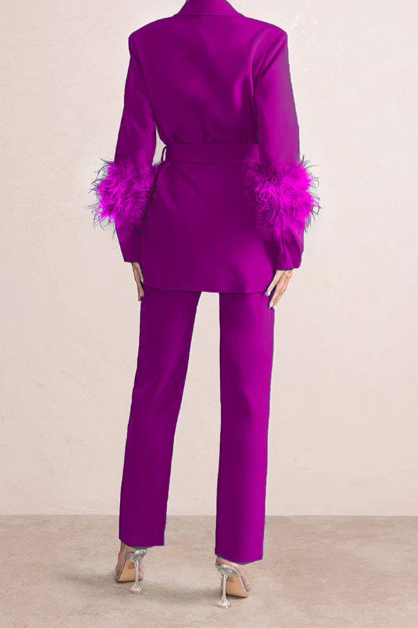 storexq Solid Color Feather Trim Elegant Belted Pant Suit