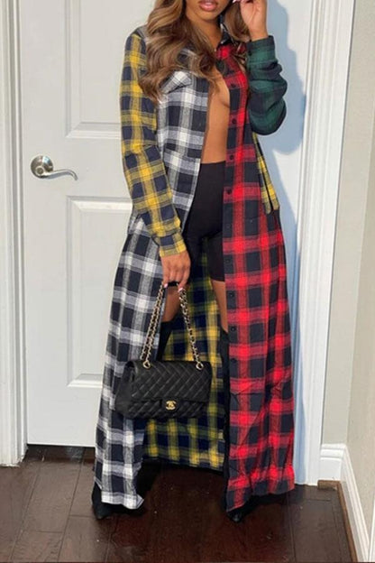 namcoverse Plaid Color Block Lapel Classic Maxi Dress