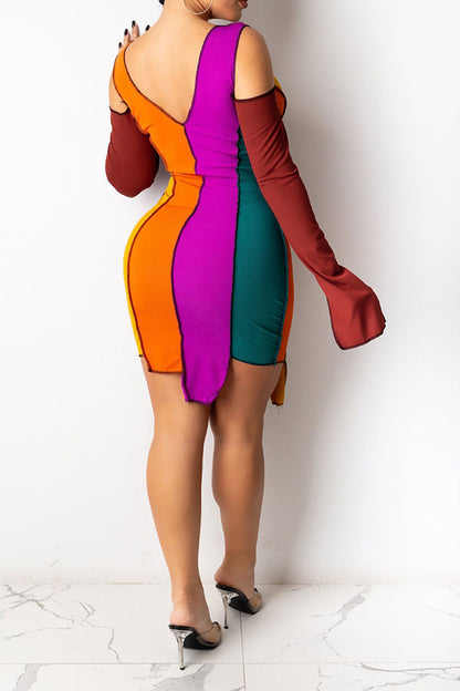 storexq Color Block Cold Shoulder Flirty Irregular Mini Dress