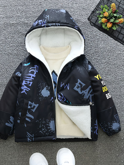 Boys Winter Thickened Coat Ink Splashes And Letters Print Hooded Jacket Boys Windproof Thick Warm Coat Jacket