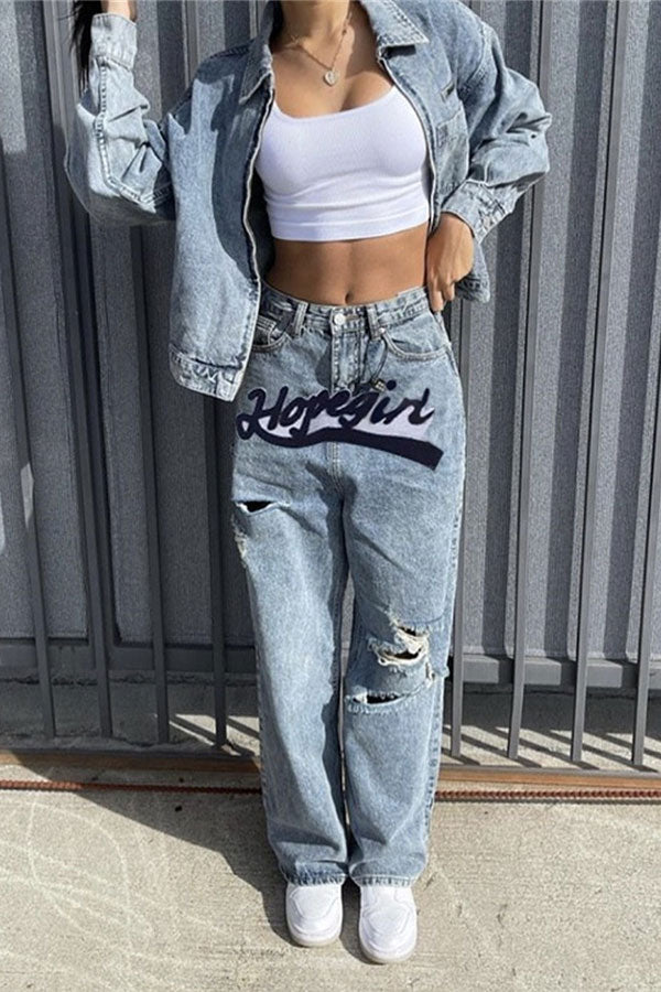 storexq Letter Embroidery Retro Ripped Jeans