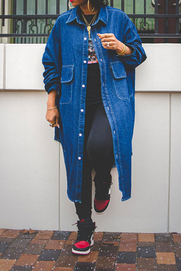 storexq Solid Color Relaxed Pocket Irregular Denim Trench Coat