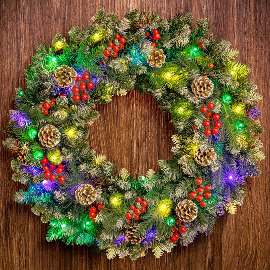 24" Pre-Lit Christmas Wreaths, Lighted Christmas Wreath For Front Door, Christmas Red Berries, Pine Cones Wreath, Xmas Wreath Decor For Window Fireplace, Green