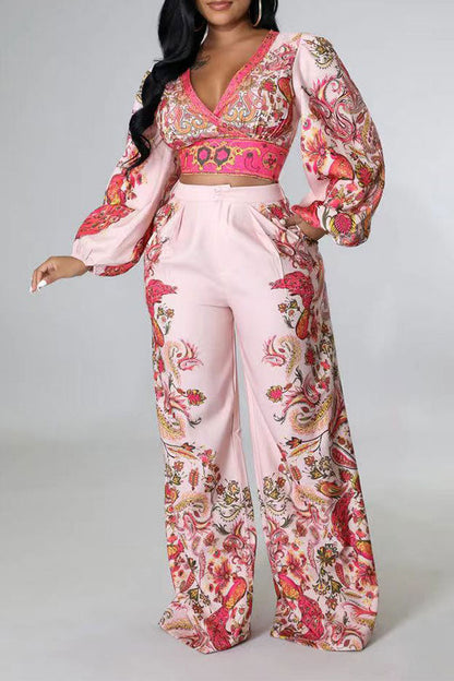 storexq Tribal Floral Print Classic Wide Leg Pant Suit