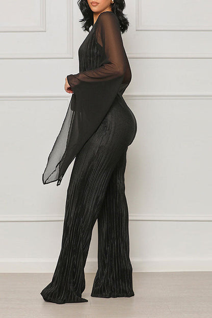 storexq Solid Color Chic Belted Pleated Jumpsuit