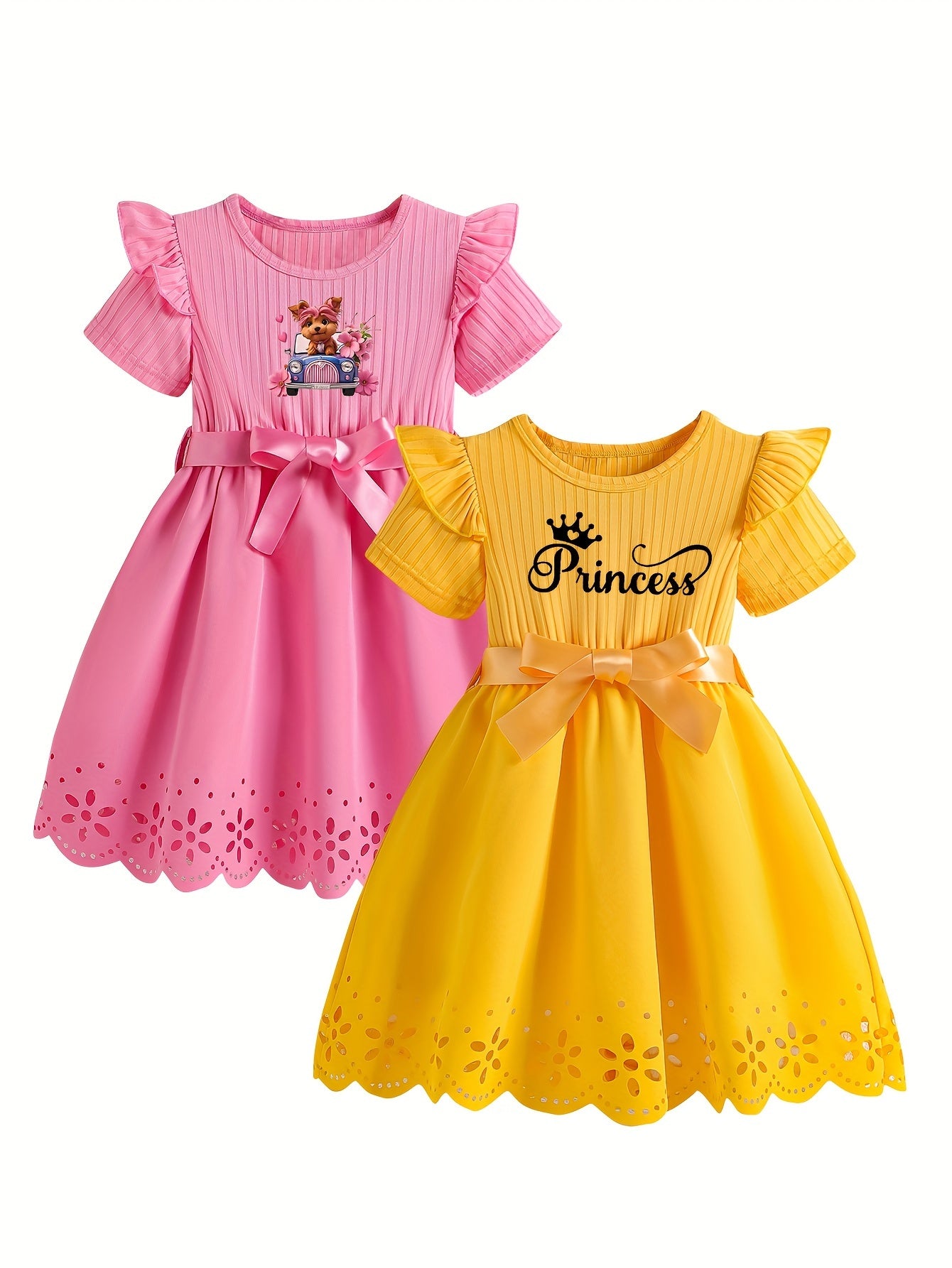 2-Pack Adorable Girls Cartoon Print Dresses - Short Sleeve, Princess Lettering, Butterfly Bow Belt, Hollow-Out Design, Round Neck, Casual Style, Slight Stretch, Polyester Fabric, Alphabets Pattern, Perfect for Summer