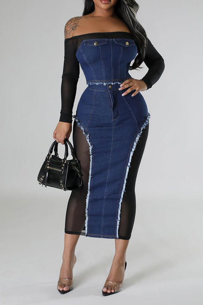 storexq Patchwork See-Through Smart Off Shoulder Denim Dress Suit