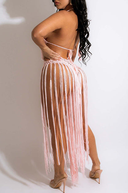 storexq Solid Color Backless Beachy Crochet Tassel Romper