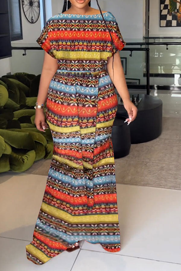 storexq Striped Tribal Print On-trend Irregular Maxi Dress