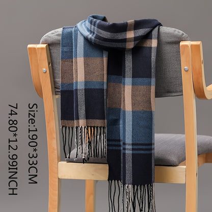 1pc Plaid Winter Men's Scarf, Men's Tassel Scarf, Ideal choice for Gifts